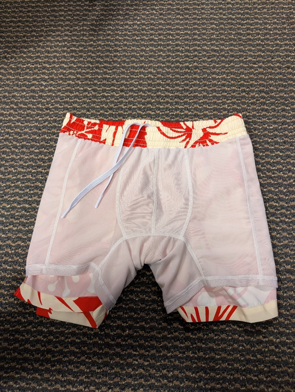 Duvin Tropical Hawaiian Floral Swim Trunks Red Cream Lined Beach Shorts - Picture 7 of 9